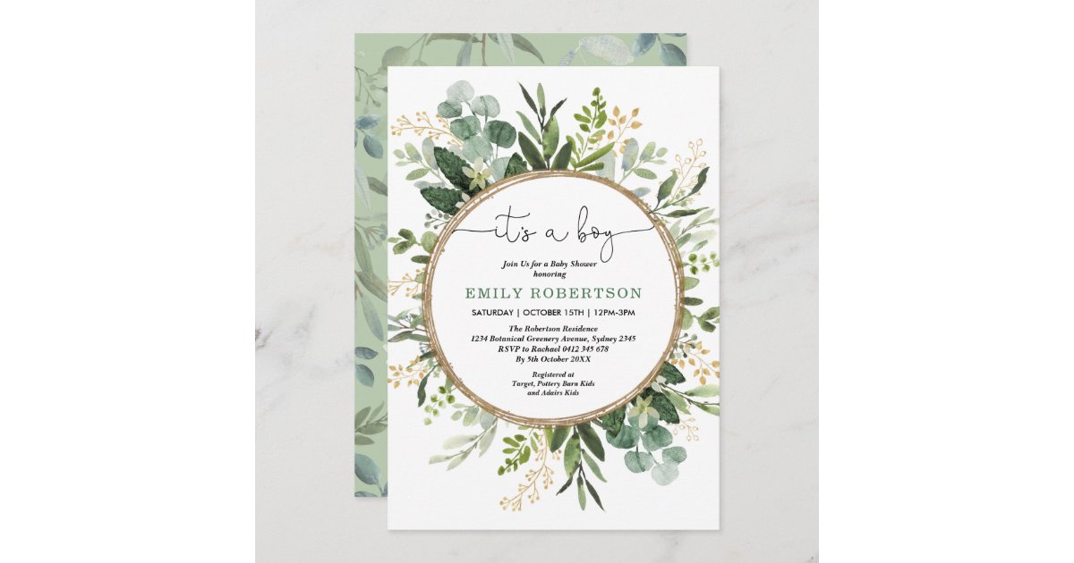 Elegant Botanical Greenery Gold Boy Baby Shower Invitation Zazzle Com