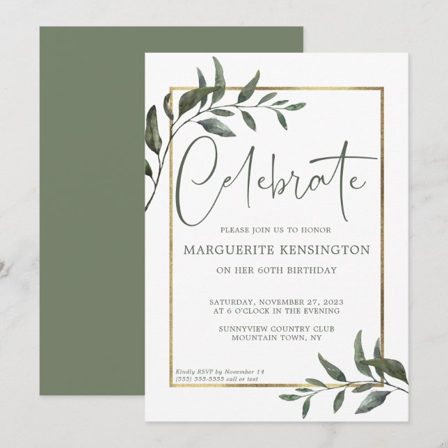 Elegant Botanical Greenery Gold Foil 60th Birthday Invitation (Front/Back)