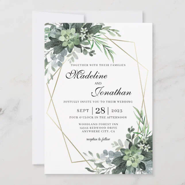 Elegant Botanical Greenery Gold Geometric Wedding Invitation | Zazzle