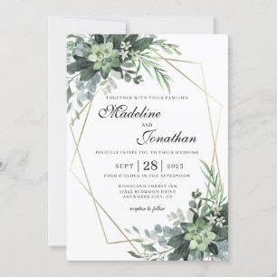 Elegant Botanical Greenery Gold Geometric Wedding Invitation