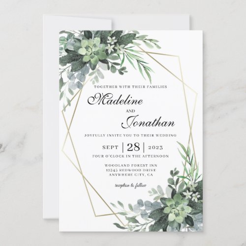 Elegant Botanical Greenery Gold Geometric Wedding  Invitation