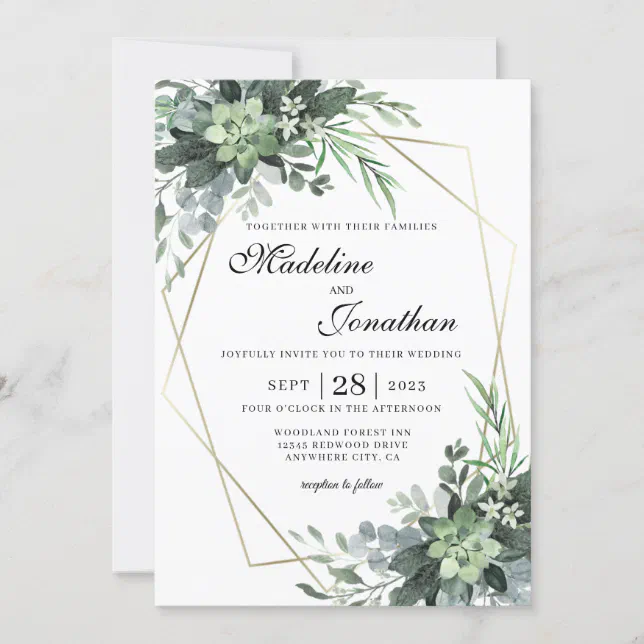 Elegant Botanical Greenery Gold Geometric Wedding Invitation Zazzle 6885