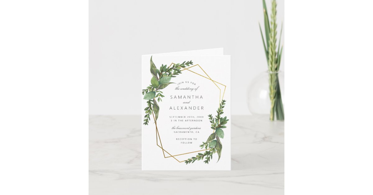 Elegant Botanical Greenery Gold Geometric Wedding Invitation | Zazzle