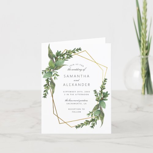 Elegant Botanical Greenery Gold Geometric Wedding Invitation - Elegant summer wedding folded invitation featuring watercolor botanical greenery and faux gold foil geometric frame with a simple and chic typography displaying your party details.