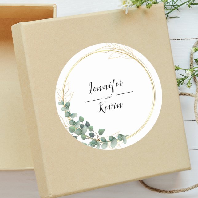 Elegant Botanical Greenery Gold Leaf Wedding Favor Classic Round Sticker (Creator Uploaded)