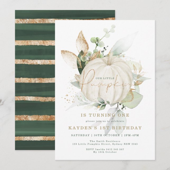 Elegant Botanical Greenery Gold Pumpkin Birthday Invitation (Front/Back)