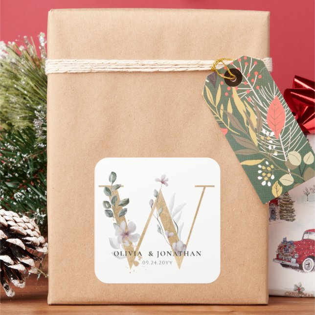 Elegant Botanical Greenery Gold Wedding Favor Square Sticker (Holiday)