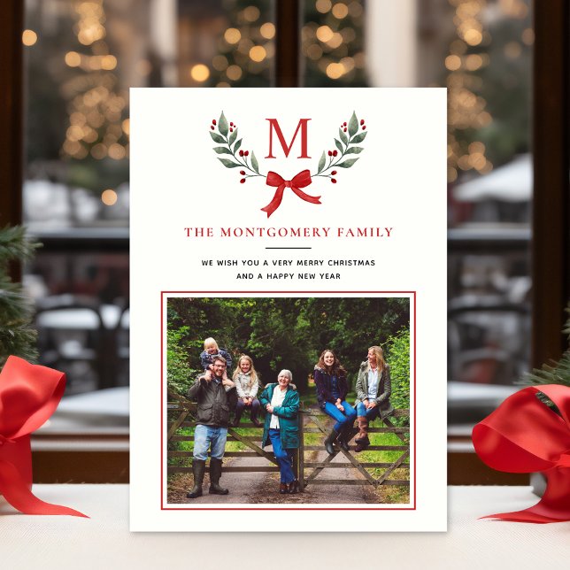 Elegant Botanical Greenery Holly Flat Holiday Card (Creator Uploaded)