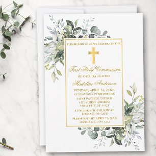 Elegant Botanical Greenery Holy Communion Gold Invitation
