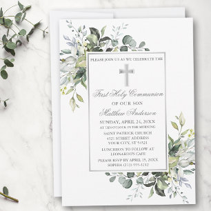 Elegant Botanical Greenery Holy Communion Silver Invitation