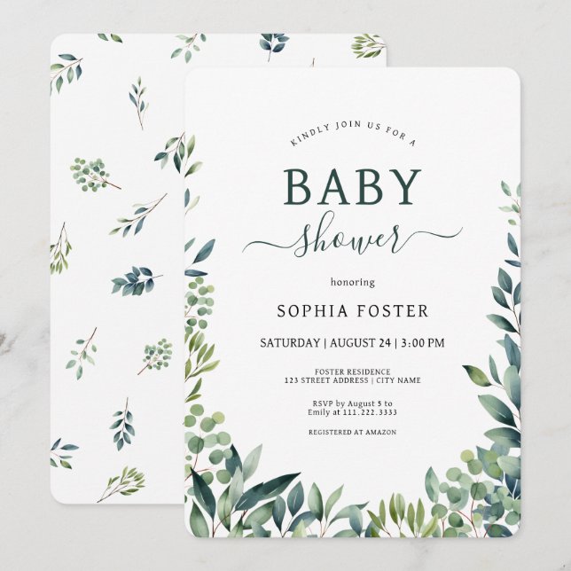 Elegant botanical greenery leaves Baby Shower Invitation (Front/Back)