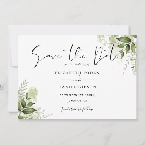 Elegant Botanical Greenery Leaves Photo Save The Date - This elegant botanical greenery leaves wedding save the date card can be personalized with your information in chic typography with your special photo on the reverse. Designed by Thisisnotme©