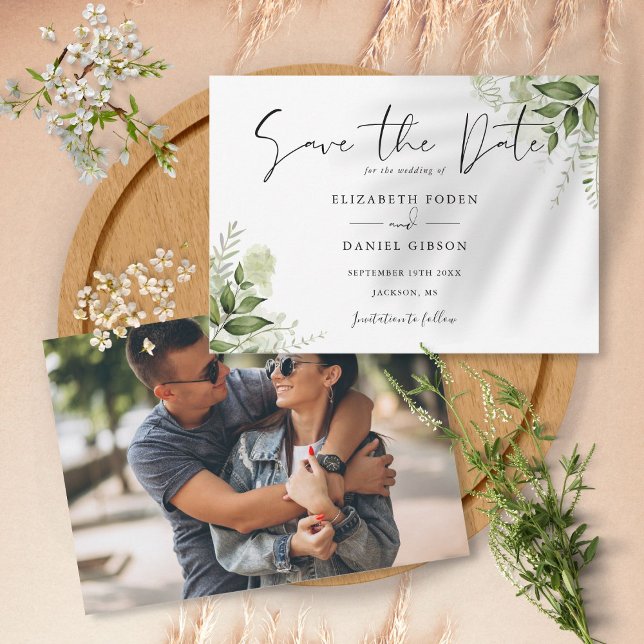 Elegant Botanical Greenery Leaves Photo Save The Date (Creator Uploaded)