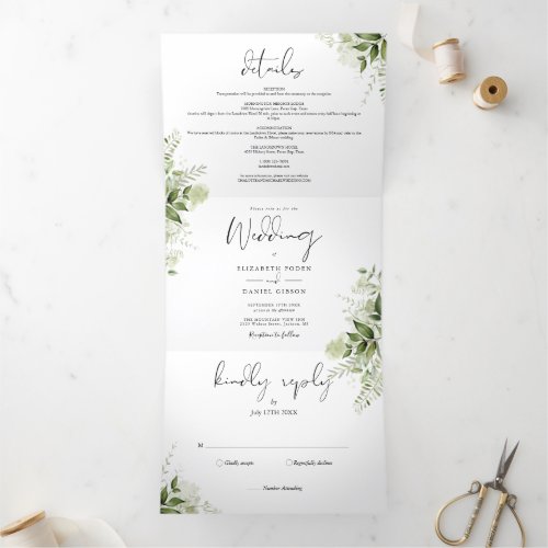 Elegant Botanical Greenery Leaves Photo Wedding Tri_Fold Invitation