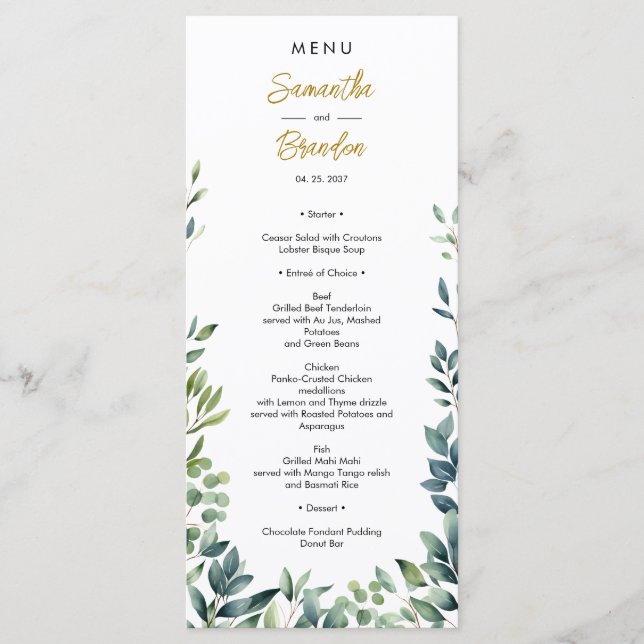 Elegant botanical greenery leaves Wedding Menu (Front)