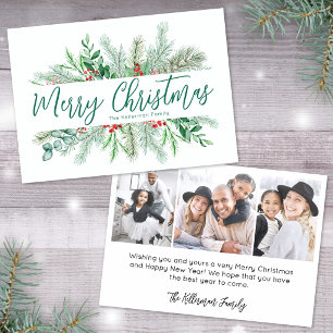 Elegant Botanical Greenery Merry Christmas Holiday Letterpress Photo Cards