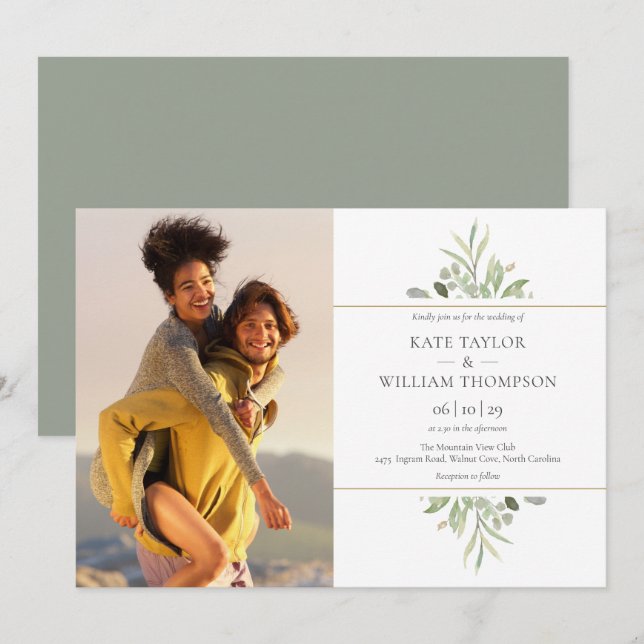 Elegant Botanical Greenery Photo Wedding Invitation (Front/Back)