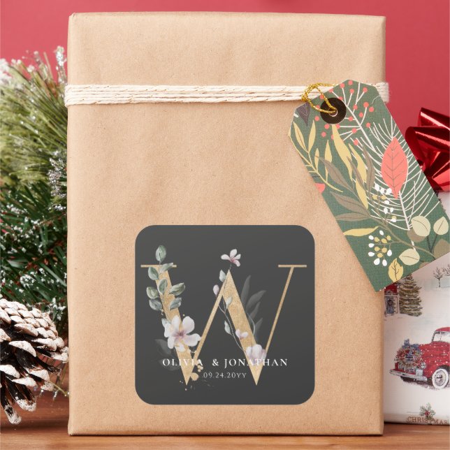 Elegant Botanical Greenery Purple Wedding Favor Square Sticker (Holiday)