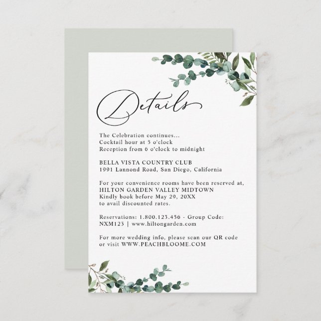 Elegant Botanical Greenery Wedding Details Enclosure Card (Front/Back)