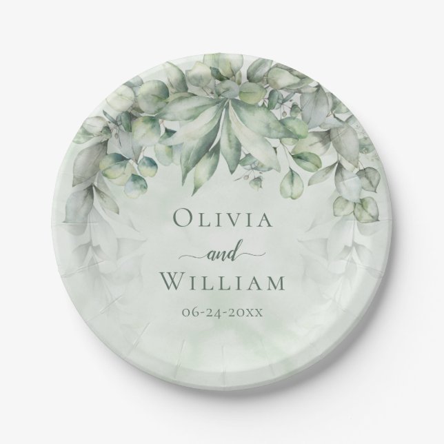 Elegant Botanical Greenery Wedding Paper Plates (Front)