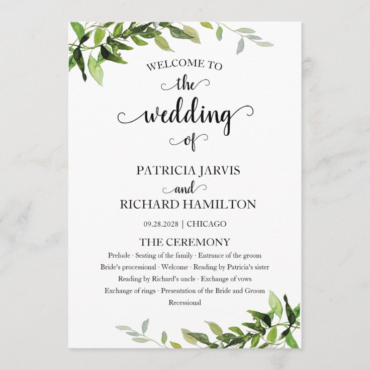 Elegant Botanical Greenery Wedding Program | Zazzle