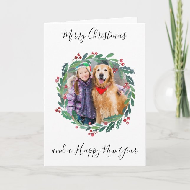 Elegant Botanical Greenery Wreath Christmas Photo Holiday Card (Front)