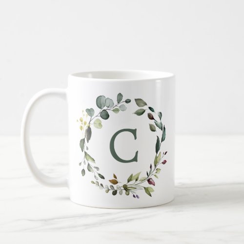 Elegant Botanical Greenery Wreath Monogram Coffee Mug