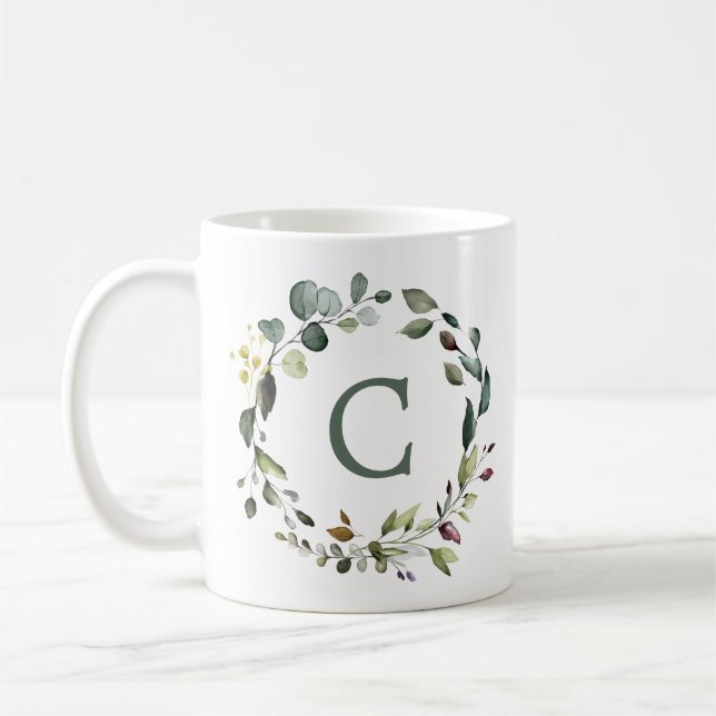 Elegant Botanical Greenery Wreath Monogram Coffee Mug (Left)