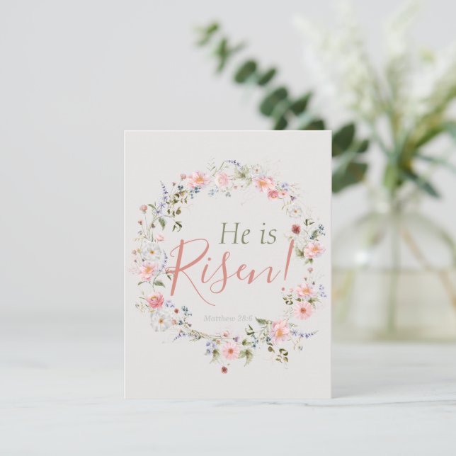 Elegant Botanical He is Risen Personalized Easter Holiday Card (Standing Front)