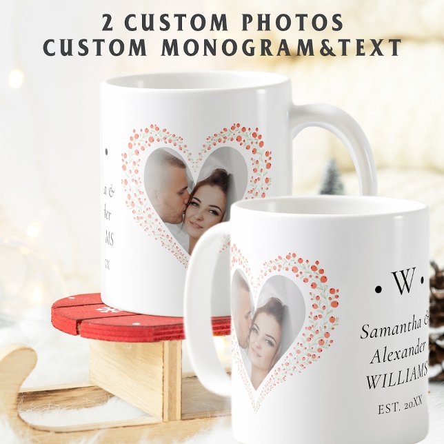 Elegant Botanical Heart Photo Wedding Christmas Coffee Mug (Elegant Botanical Heart 2-Photo Wedding First Christmas Custom Monogram, Message & Year Coffee Mug)