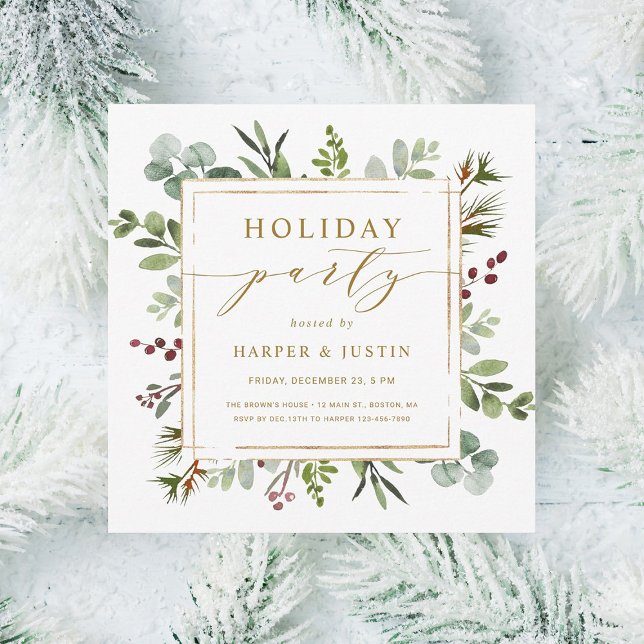 Elegant Botanical Holiday Party Gold Square Invitation (Creator Uploaded)