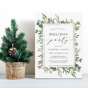 Elegant Botanical Holiday Party Green Flat Invitation