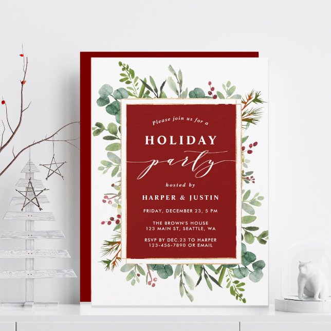 Elegant Botanical Holiday Party Red Invitation (Creator Uploaded)