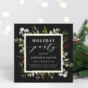 Elegant Botanical Holiday Party Square Black Invitation