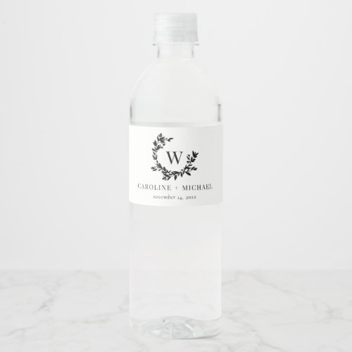 Elegant Botanical Initial Monogram Wedding Water B Water Bottle Label