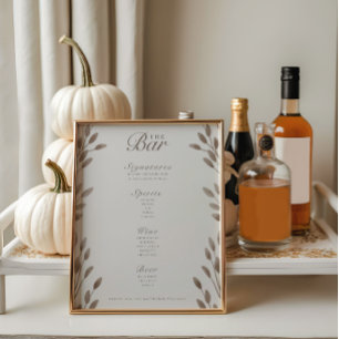 Elegant Botanical Ivory & Ash Wedding Bar Menu