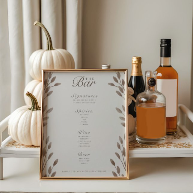 Elegant Botanical Ivory & Ash Wedding Bar Menu (Creator Uploaded)