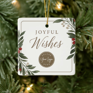 Elegant Botanical Joyful Wishes Corporate Holiday Ceramic Ornament