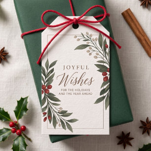 Elegant Botanical Joyful Wishes Corporate Holiday Gift Tags