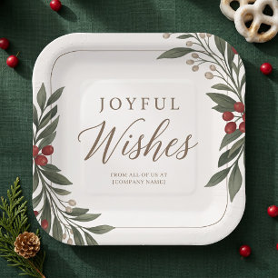 Elegant Botanical Joyful Wishes Corporate Holiday Paper Plates