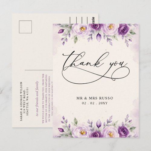 Elegant Botanical Lavender Purple Floral Thank You Postcard