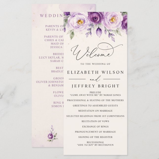 Elegant Botanical Lavender Purple Floral Wedding Program (Front/Back)