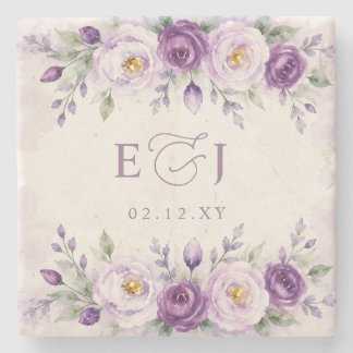 Elegant Botanical Lavender Purple Floral Wedding Stone Coaster