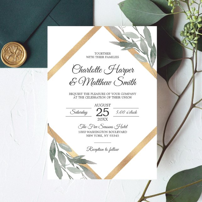 Elegant Botanical Leaf Branch Gold Foil Wedding Invitation (Creator Uploaded)
