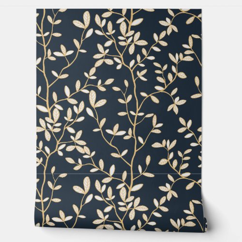 Elegant Botanical Leaf Branch Pattern Dark Navy Wallpaper