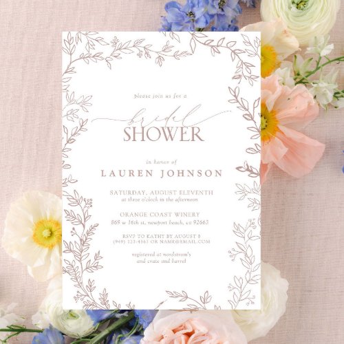 Elegant Botanical Leaf Dusty Rose Bridal Shower Invitation