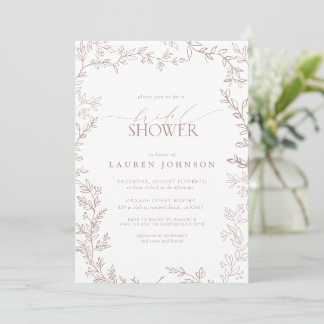 Elegant Botanical Leaf Dusty Rose Bridal Shower Invitation (Standing Front)