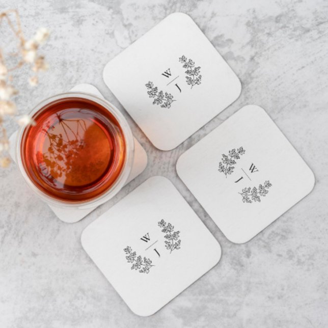 Elegant Botanical Leaf Monogram Initial Wedding Square Paper Coaster (Creator Uploaded)