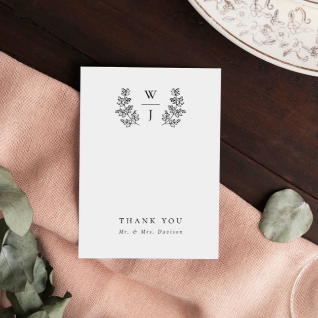 Elegant Botanical Leaf Monogram Initial Wedding Thank You Card (Creator Uploaded)