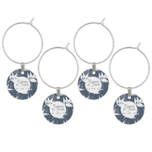 Elegant Botanical Leaf Navy White Pattern Wedding Wine Charm